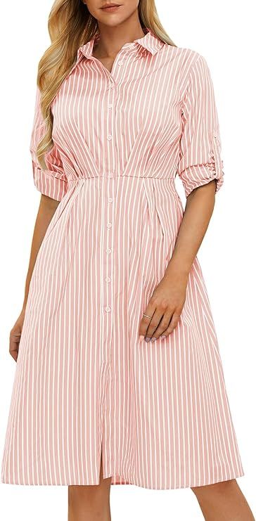 EXLURA Women's Long Sleeve Striped Button Down Shirt Dress with Pockets 2024 Fall Midi Dresses Bu... | Amazon (US)