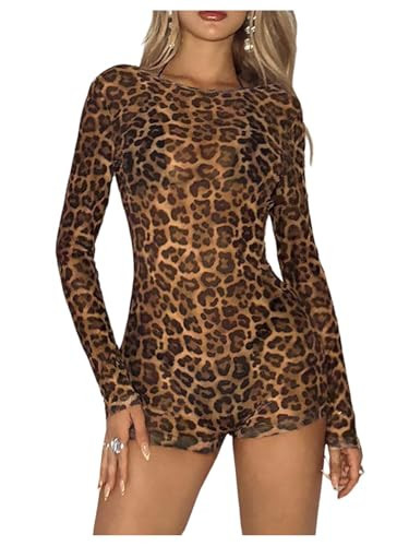 WDIRARA Women's Leopard Backless Romper Unitard Long Sleeve Bodycon Shorts Jumpsuit Brown Large | Amazon (US)