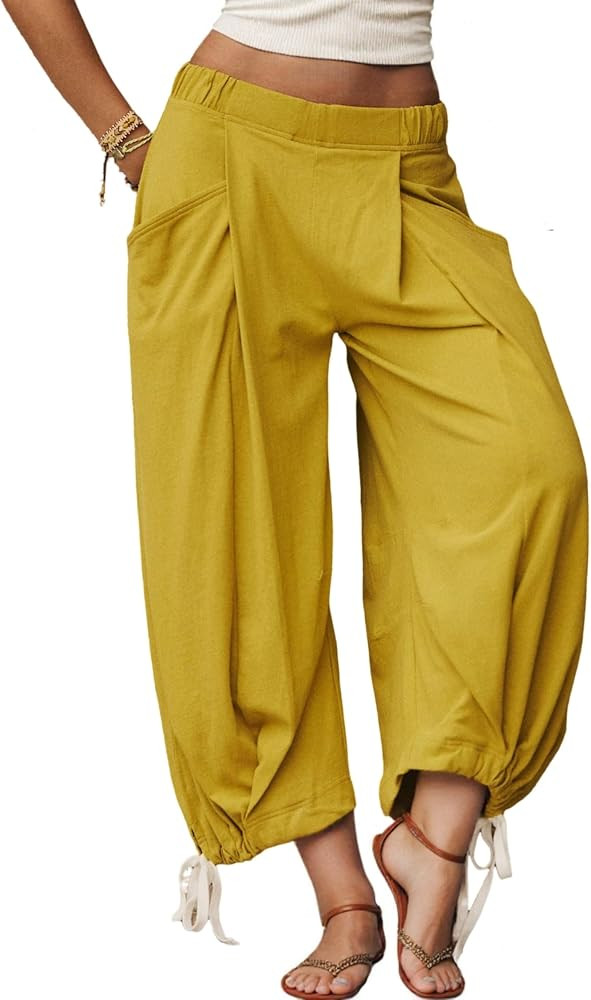 Womens Baggy Wide Leg Pants Cotton Loose Elastic Waisted Lounge Harem Beach Palazzo Trousers with... | Amazon (US)