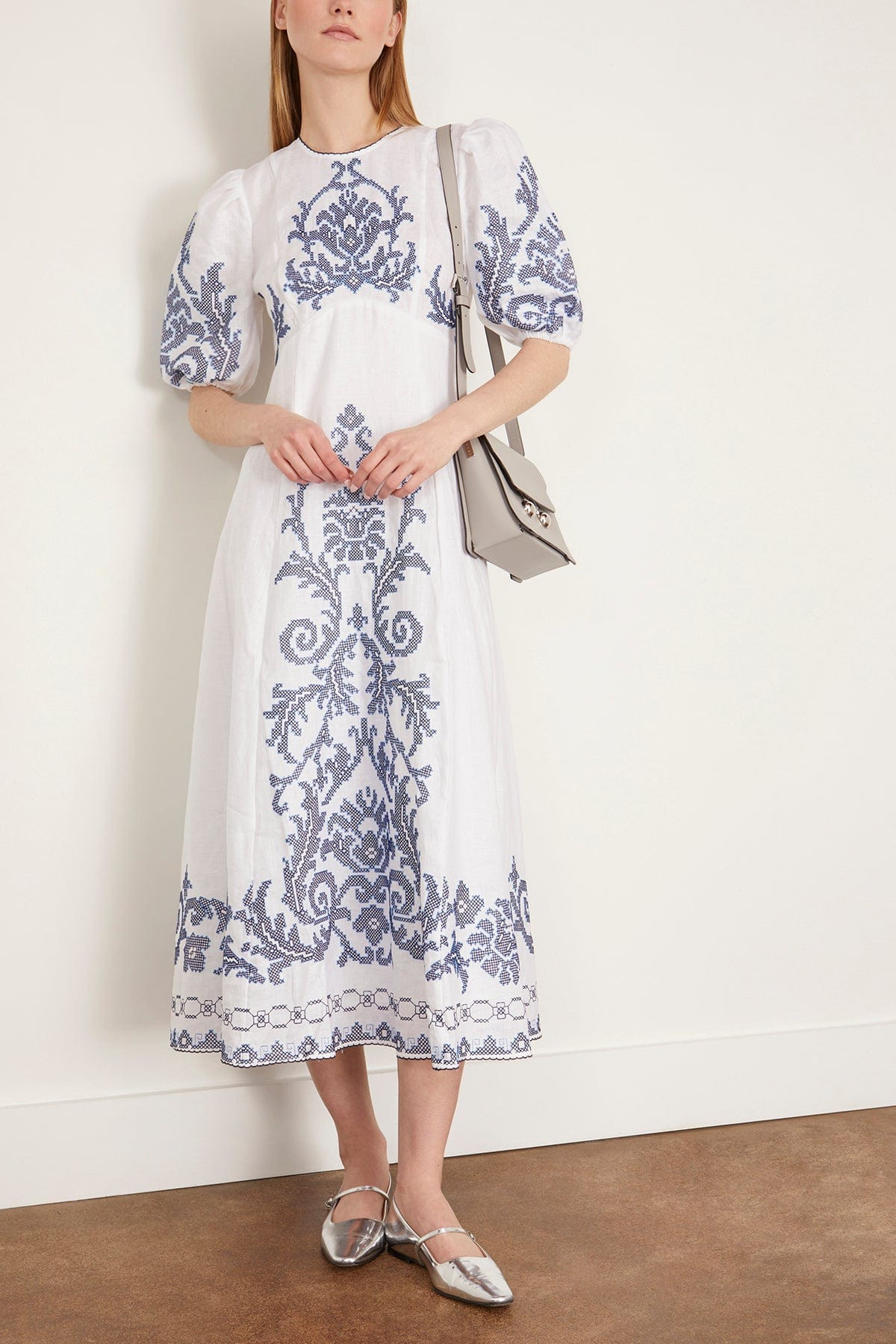 Hazel Embroidered Midi Dress in White | Hampden Clothing