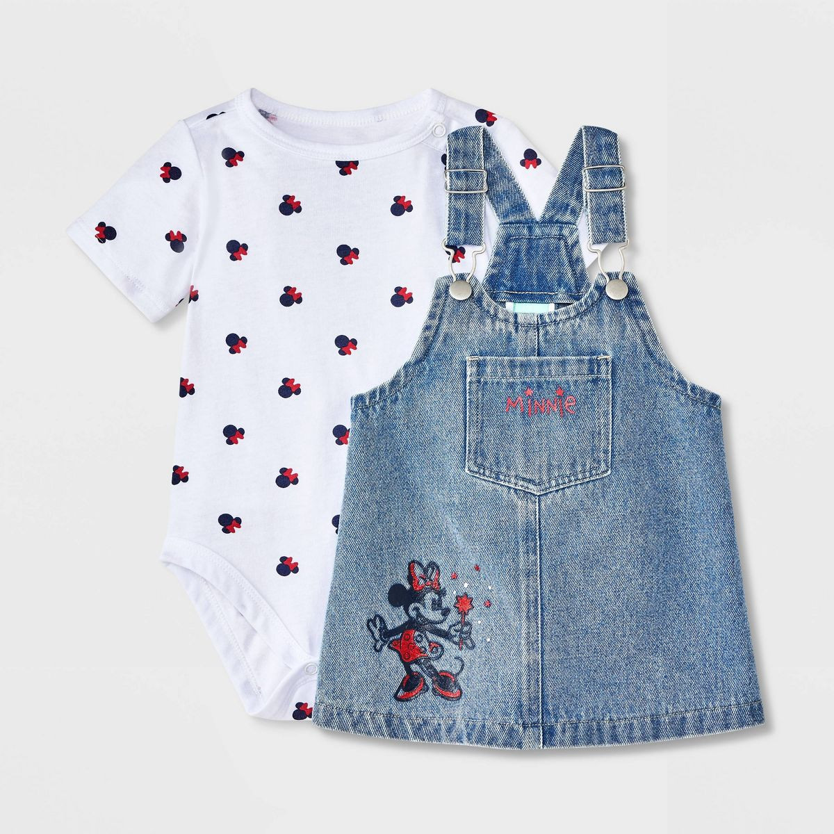 Baby Girls' 2pc Disney Minnie Mouse Americana Short Sleeve Bodysuit and Denim Overalls Dress Set ... | Target