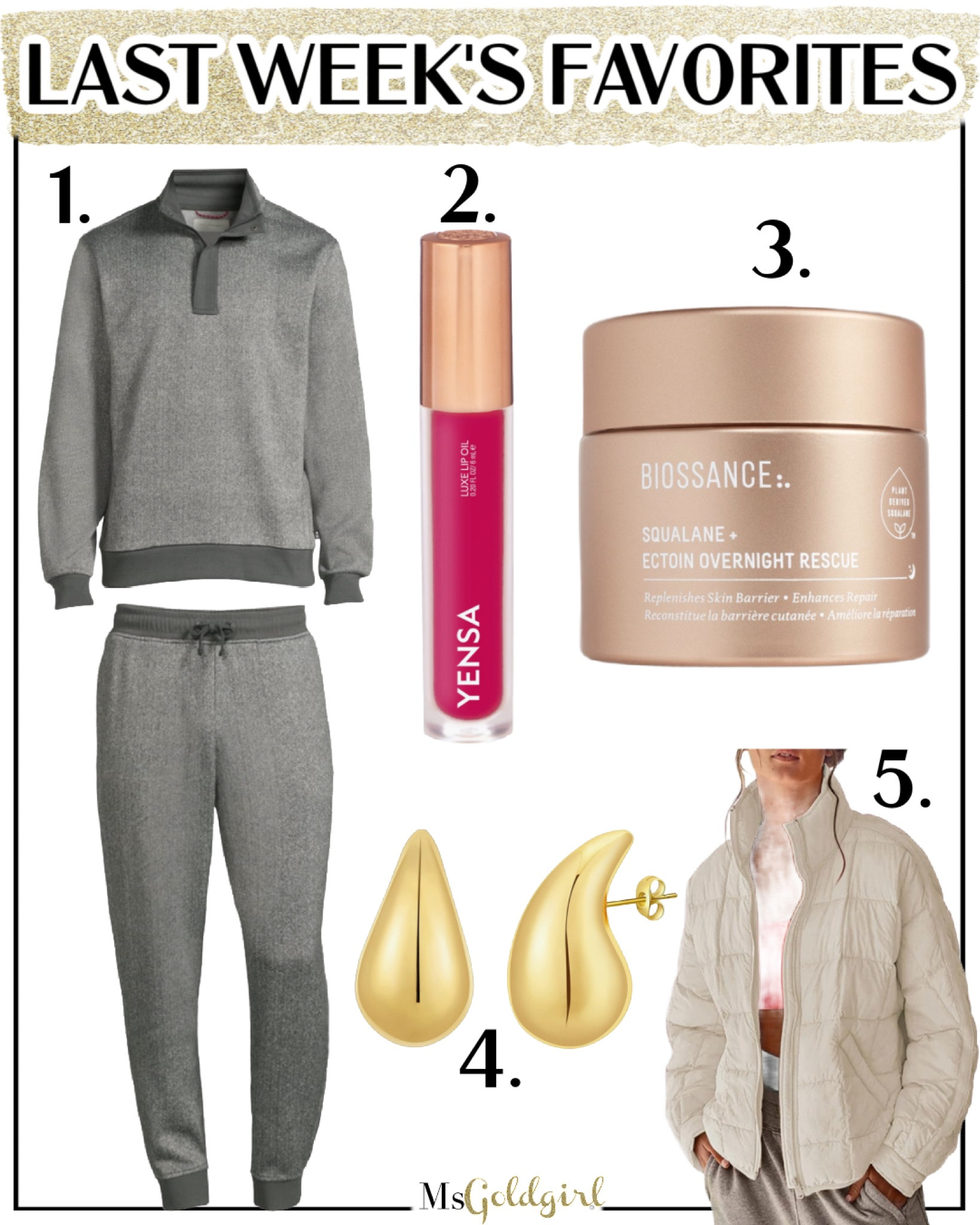 Weekly Faves from 12/15/23
1. Both pieces are from the Men’s section-I got them in an XS

2. Great alternative to the Dior Lip Oil with more color options

3. My new evening moisturizer 

4. Very trendy, very budget friendly 

5. A Free People Inspired light weight puffer from Amazon (size small)



#LTKbeauty #LTKfindsunder50 #LTKover40