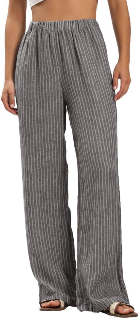 Amazhiyu Women's 100% Linen Summer Casual Elastic Waist Stripes Wide Leg Pants | Amazon (US)