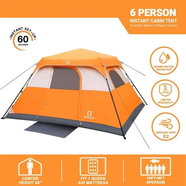 QOMOTOP 6 Person Camping Tent, 60 Seconds Set up Waterproof Tent, Orange - Walmart.com | Walmart (US)