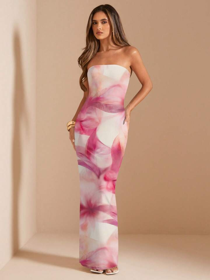 SHEIN BAE Vacation Beach/Strapless Fitted Basic Super Long Dress/Beach Holiday Dress/Birthday Dre... | SHEIN