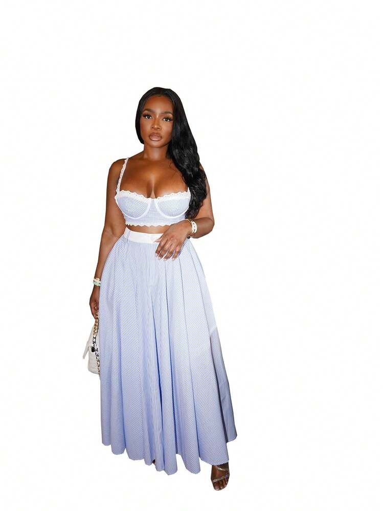 TW719 European And American Women's Summer Fashion Lace Patchwork Camisole Hot Girl High Waist Skirt Two-Piece Set | SHEIN