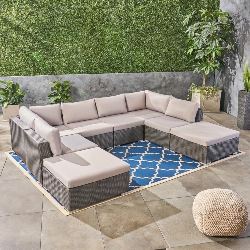 Noble House Santa Rosa Grey 8-Piece Wicker and Aluminum Outdoor Sectional Set with Silver Cushions | The Home Depot