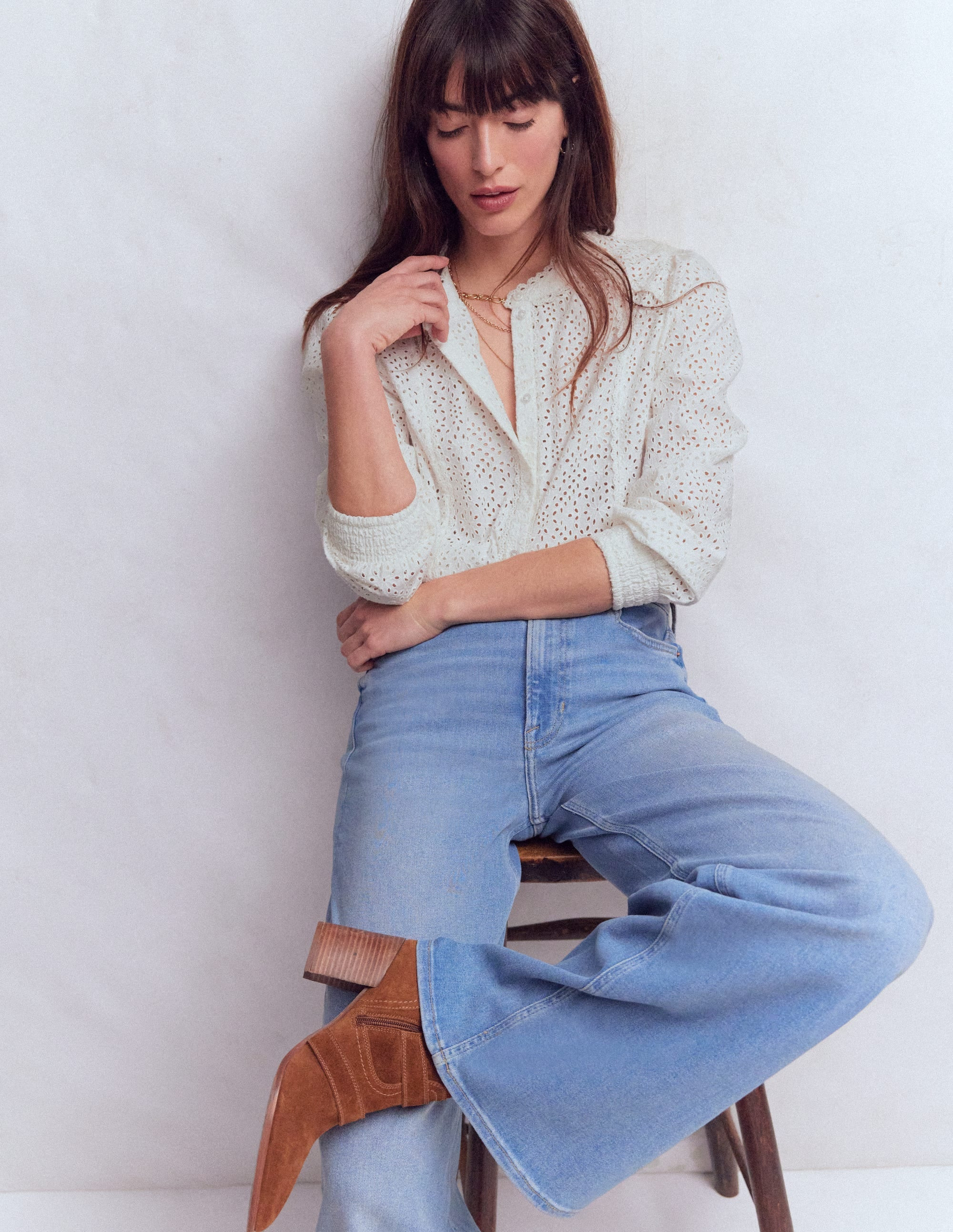 Rhea Trim Insert Broderie Top-White Floral Broderie | Boden (US)