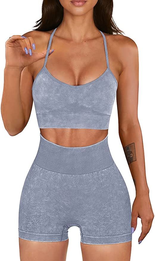 OQQ Workout Outfit for Women 2 Piece Seamless Acid Wash High Waist Shorts With Sports Bra Exercis... | Amazon (US)