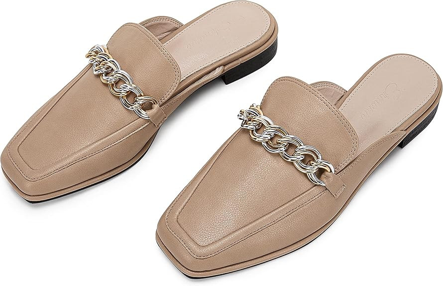 Ermonn Women's Flat Mules Chain Square Toe Faux Leather Backless Slip on Slides Loafer Shoes | Amazon (US)
