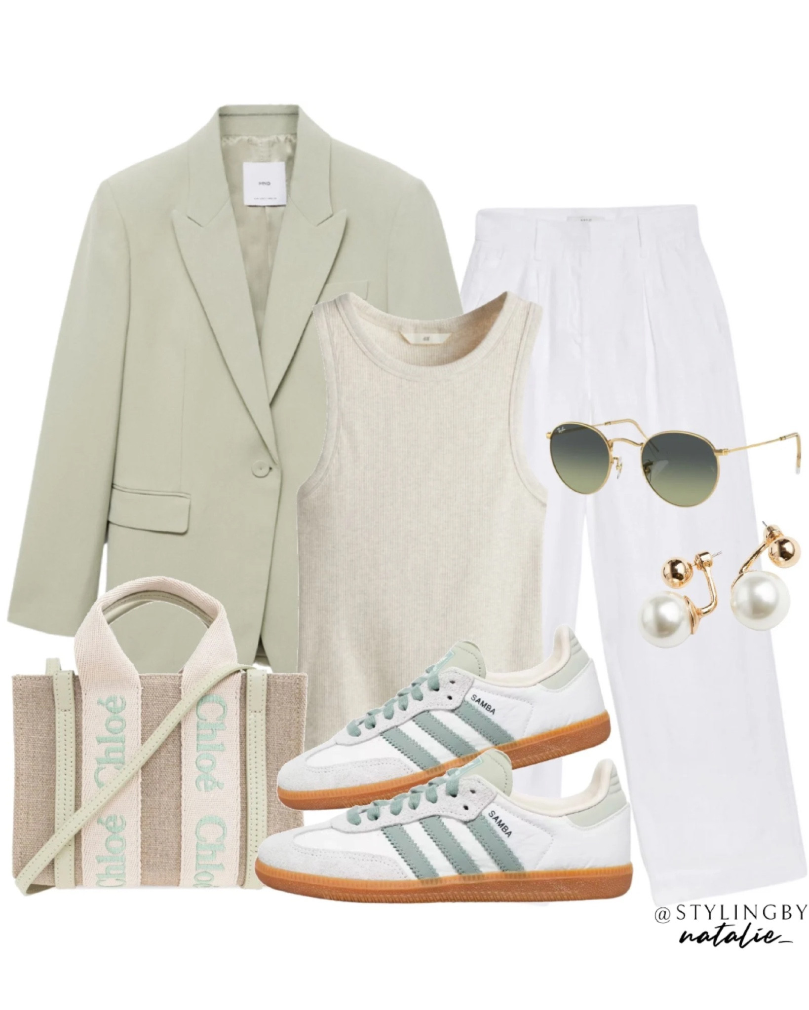 Green suit blazer, white linen trousers with wide leg, adidas samba trainers, pearl earrings, Chloe tote bag and Ray ban sunglasses.
Summer outfit, summer look, casual outfit, sneakers outfit.

#LTKeurope #LTKshoes #LTKstyletip