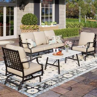 PHI VILLA Metal 5 Seat 4-Piece Steel Outdoor Patio Conversation Set With Rocking Chairs,Beige Cus... | The Home Depot