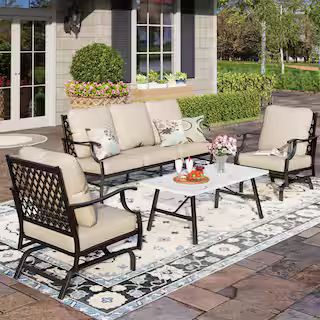 PHI VILLA Metal 5 Seat 4-Piece Steel Outdoor Patio Conversation Set With Rocking Chairs,Beige Cus... | The Home Depot