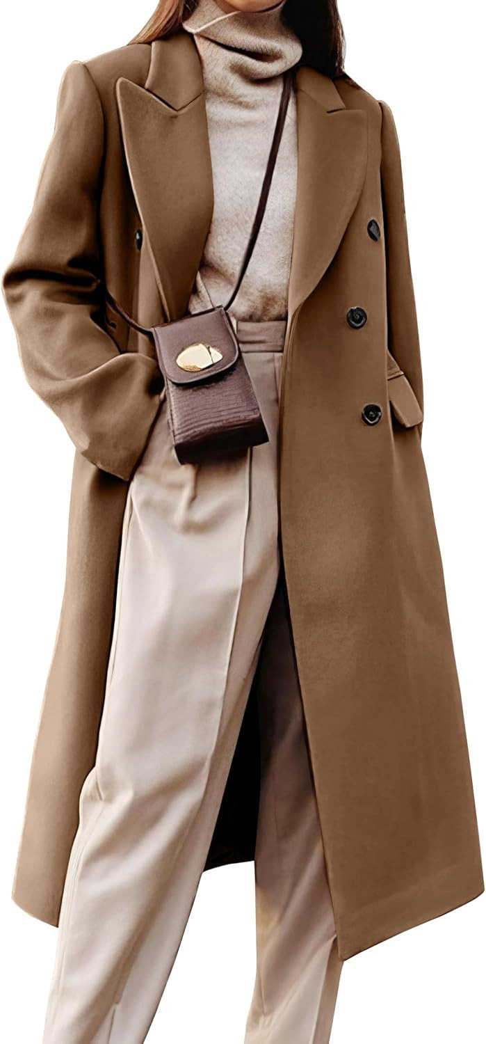 Womens Long Wool Coats Fall Winter Double Breasted Trench Coat Peacoat | Amazon (US)