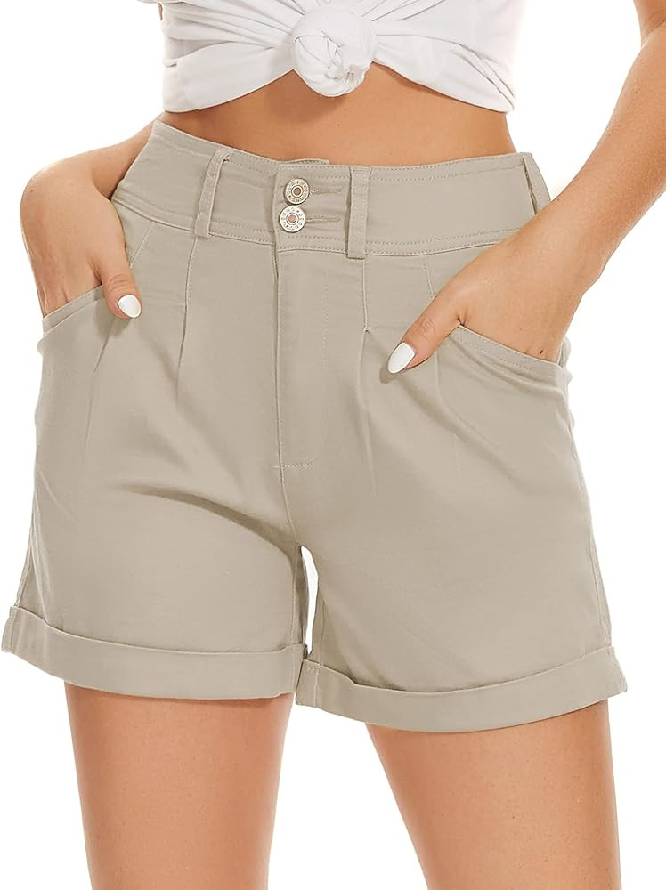 WROLEM Women Jean Shorts High Waisted Elastic Denim Casual Comfy Folded Hem Shorts with Pockets S... | Amazon (US)