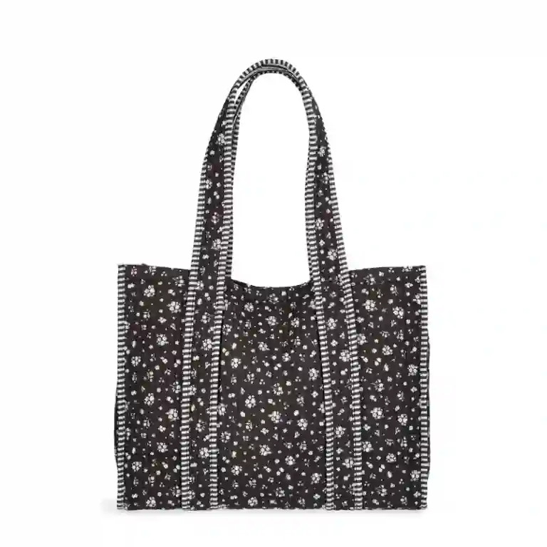 Women's Casual Quilted Shoulder Tote Bag with Striped Accents Black Ditsy/Stripe | Walmart (US)