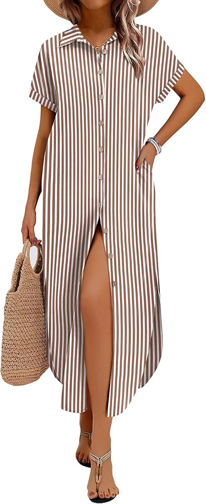 Zeagoo Womens Summer Casual Short Sleeve Button Down Long Shirt Dresses Loose Swimsuit Beach Cove... | Amazon (US)