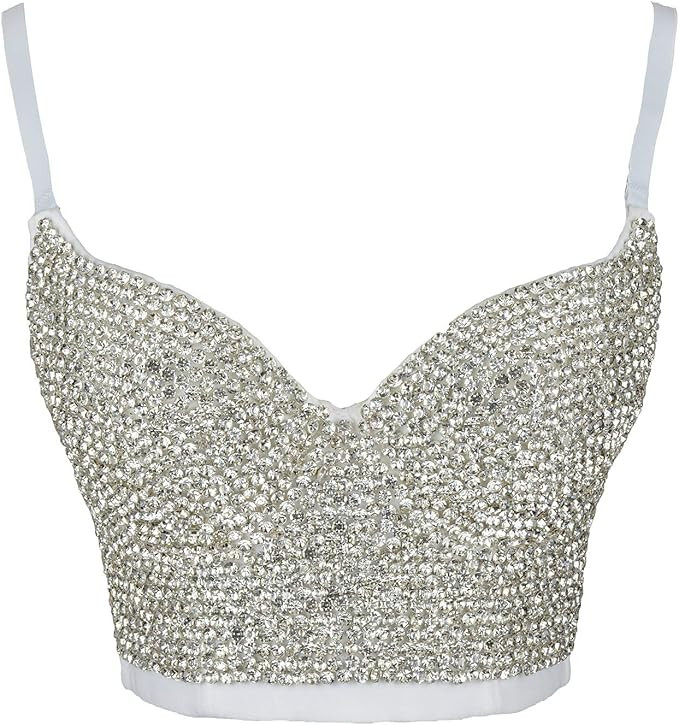 ELLACCI Women's Handmade Rhinestone Diamond Push up Bustier Crop Top Sexy Punk Corset Bra White | Amazon (US)