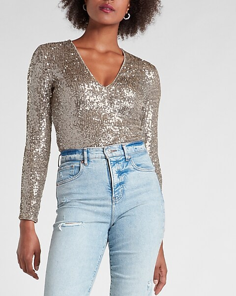 Sequin Deep V-Neck Thong Bodysuit | Express