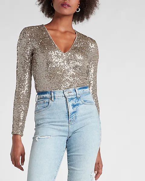 Sequin Deep V-Neck Thong Bodysuit | Express