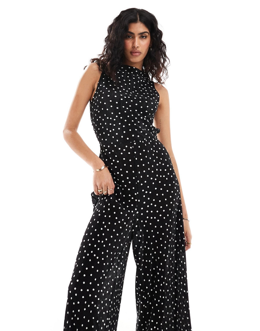 ASOS DESIGN plisse sleeveless high neck wide leg jumpsuit in mono polka dot-Multi | ASOS (Global)