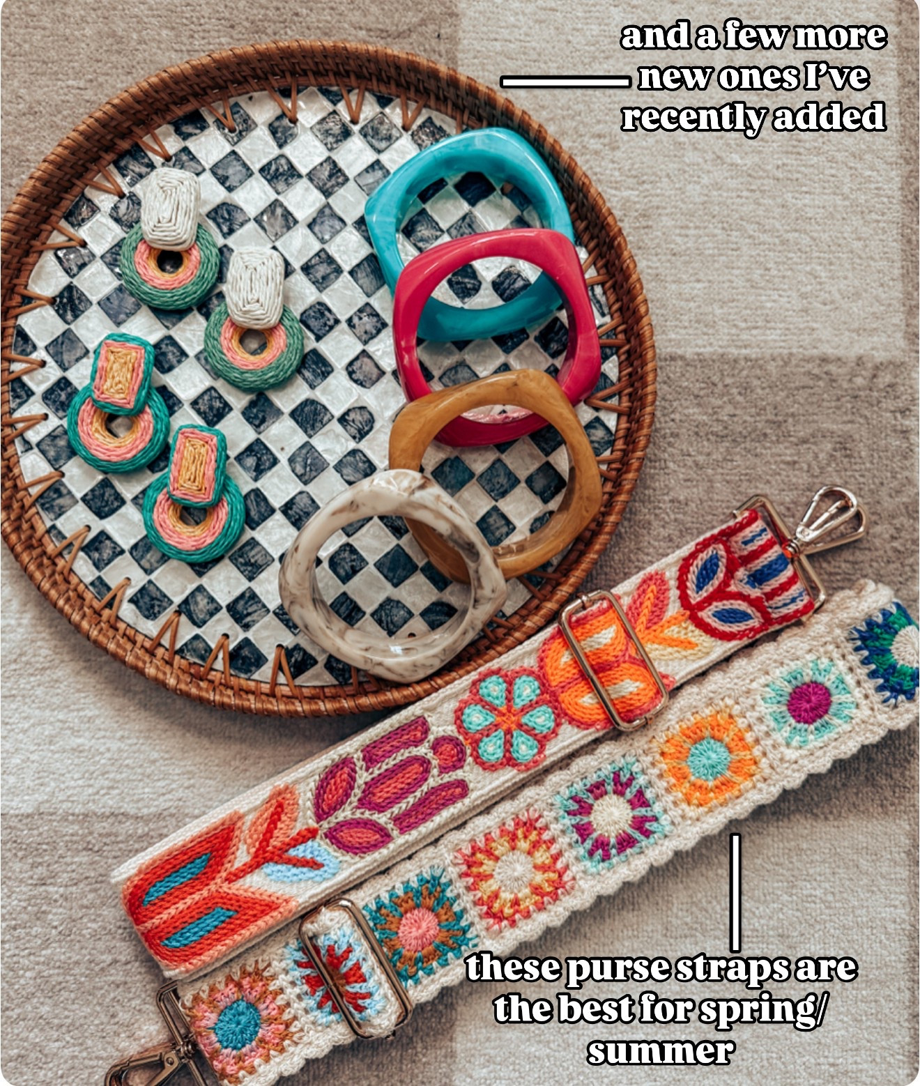 Also love these earrings and bangles! These are my newest ones and so fun for spring and summer. 
These purse straps are so cute and the colors are so colorful! 

#LTKFindsUnder50 #LTKStyleTip #LTKOver40