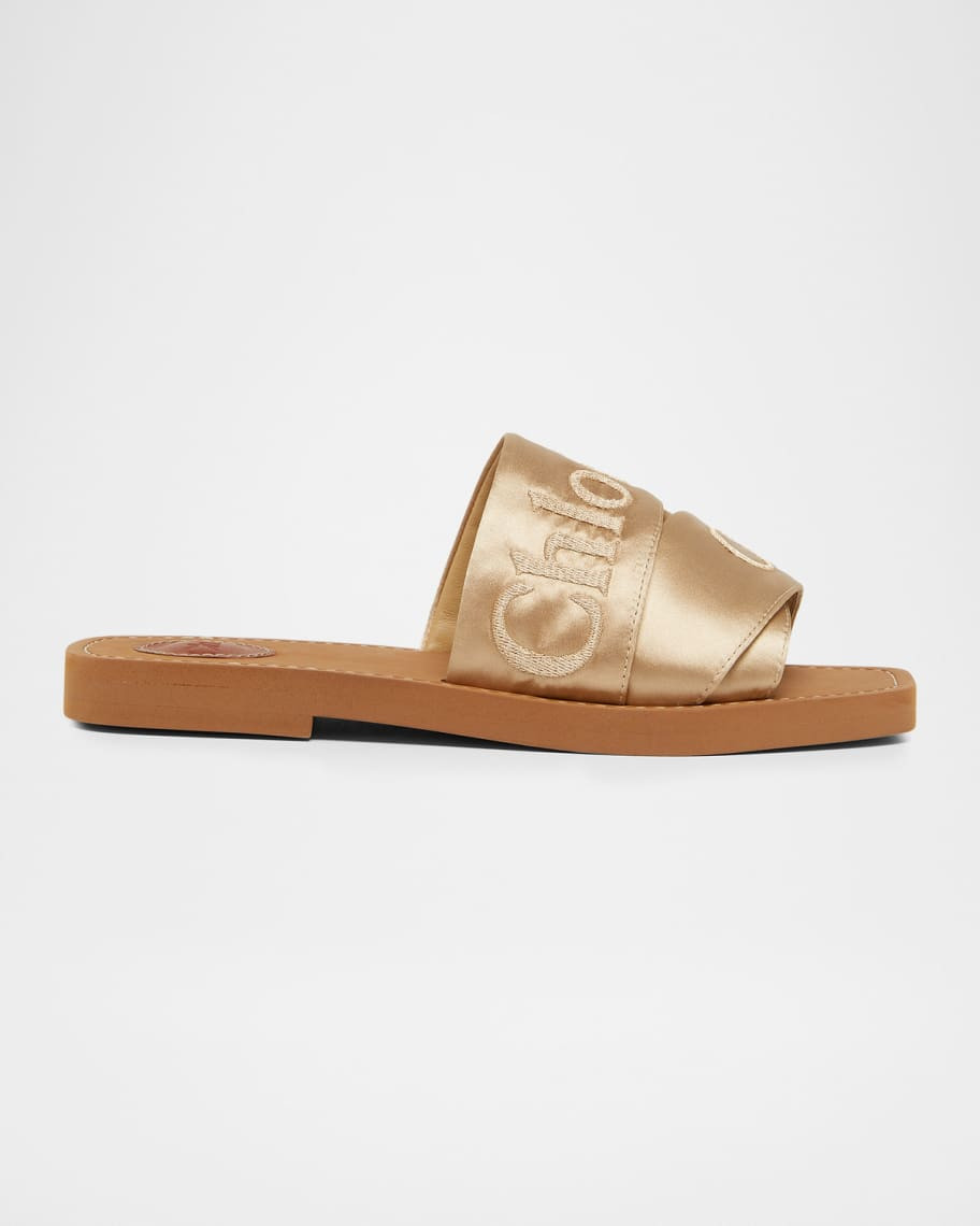 Woody Satin Flat Logo Ribbon Slide Sandals | Neiman Marcus