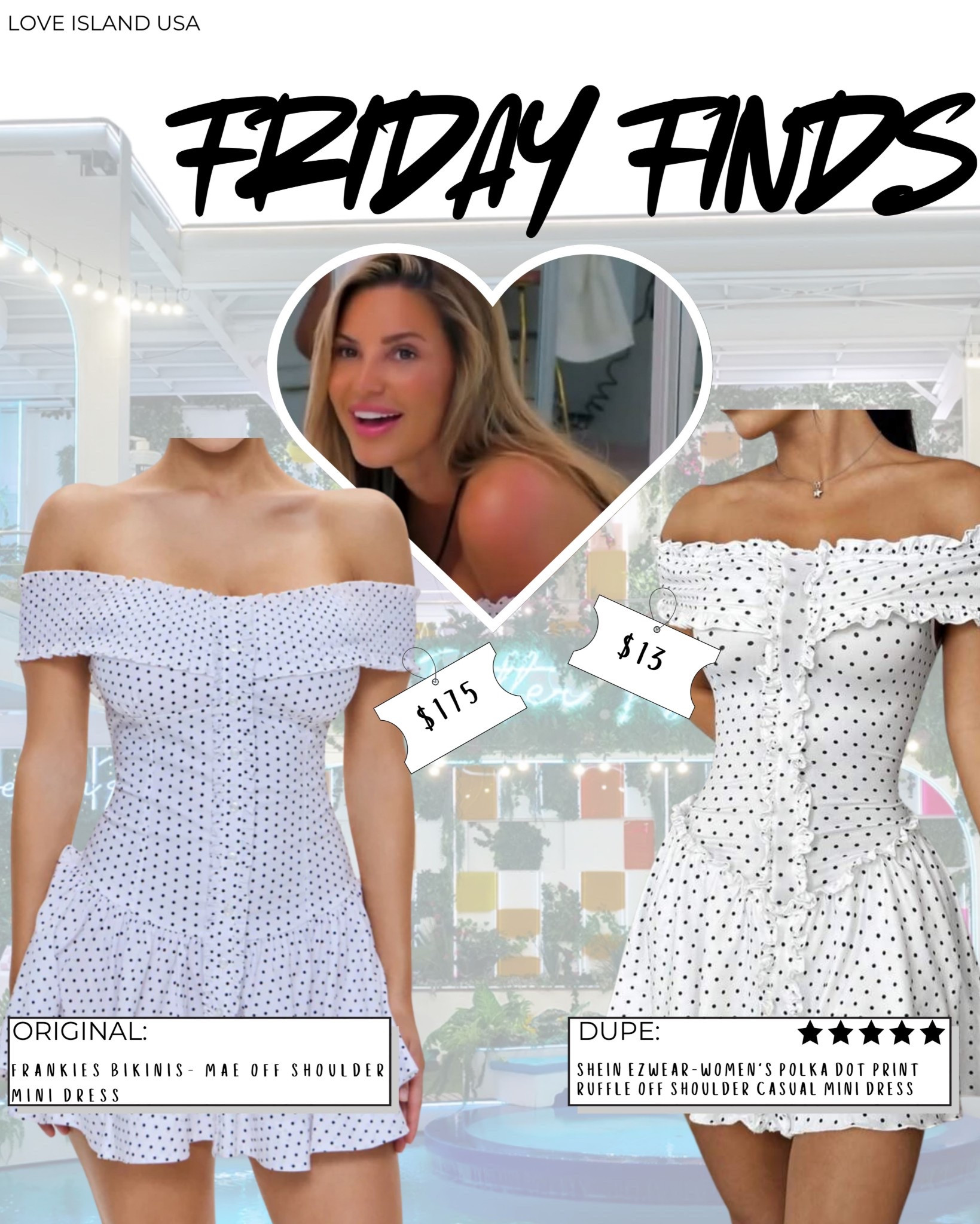 Iris wore the cutest off-the-shoulder polka dot mini on Love Island USA — but let’s be real… it’s $175 😅

Luckily, I found this SHEIN dupe for just $13 (!!) and it’s a 5-star find 🙌
Same flirty ruffles, same fit, same girly vibe — for wayyy less 💸

✨ Original: Frankies Bikinis – Mae Off-Shoulder Mini Dress ($175)
✨ Dupe: SHEIN EZwear – Polka Dot Off-Shoulder Ruffle Mini Dress ($13, ⭐⭐⭐⭐⭐)

I’ll definitely be saving my coin and grabbing the SHEIN version because honestly, it gives the exact same look for a fraction of the price 🖤

Both versions are linked in this post — tap to shop and snag the island girl vibe 💫

#FridayFinds #LTKDupe #LoveIslandUSA #IrisLoveIsland #PolkaDotDress #OffShoulderMini #FrankiesBikinisDupe #SheinFinds #LTKStyle #AffordableFashion #LTKUnder50 #RuffleDress #LTKLookForLess #VacationLooks #SummerDressInspo #LTKLinked #LoveIslandFashion #DupeAlert