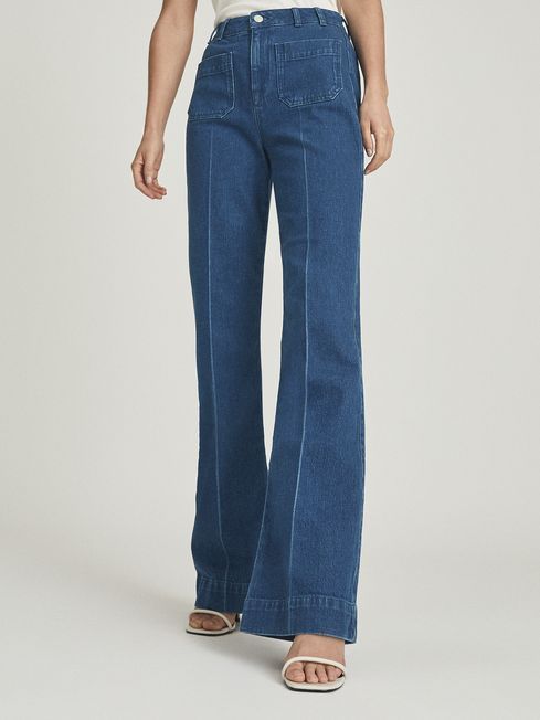 Reiss Mid Blue Isa High Rise Flared Jeans | Reiss US