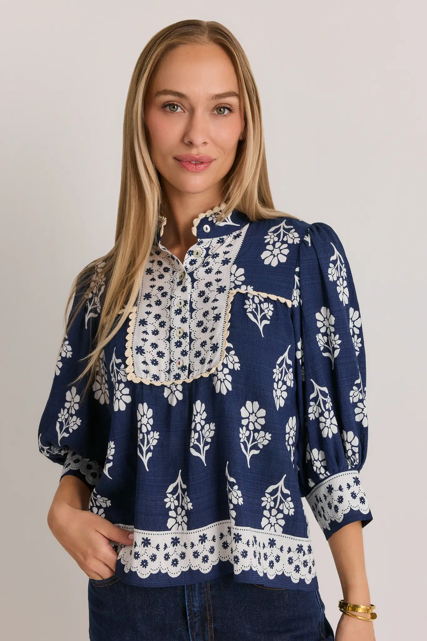 Collier Navy Printed Top by THML | Avara