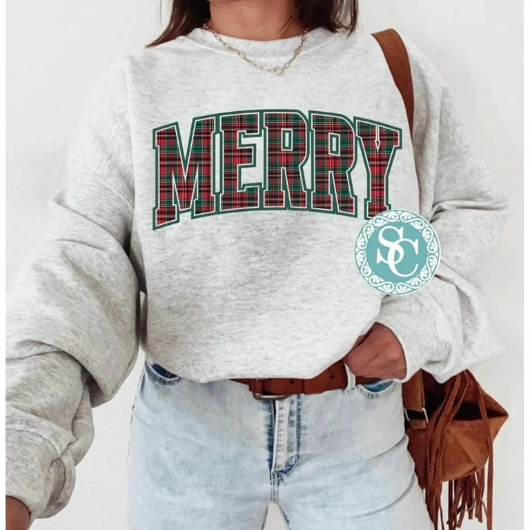 Merry plaid crewneck, Merry Christmas, Christmas sweatshirt, Christmas plaid crewneck | Walmart (US)