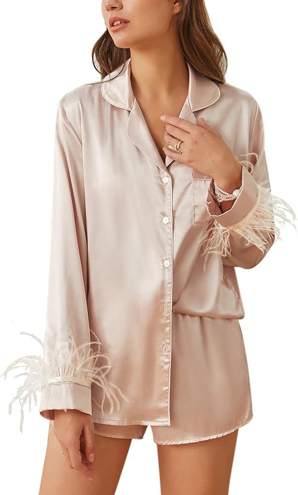 Ekouaer Women's Feather Trim Satin Pj Set Long Sleeve Pajamas Set Button Down Lounge Sets Comfy 2... | Amazon (US)