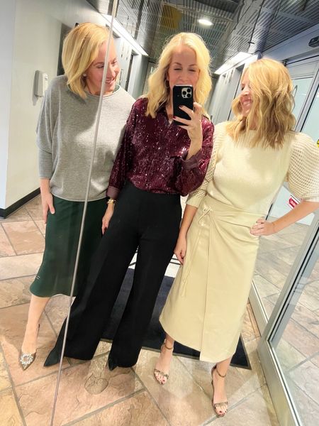 Three Head to Toe Holiday Outfits 🤩🎄

Allison (left): cashmere sweater + silk dress. Love cashmere and silk for the holidays! Can also wear a skirt instead of a dress. Allison in a medium in both, TTS. 

Gretchen (middle): button down sequin top + Spanx black trouser pant. Don’t be afraid of sequins in your 40s! It’s a fun addition for any party. This top runs quite big. Gretchen sized down 2 and is in an Xxs.

Laura (right): Winter white look in a cream sweater and vegan leather skirt. This look is unexpected and fresh for the holidays! Laura in a small on top and bottom (both tts). 

#LTKparties #LTKHoliday #LTKSeasonal