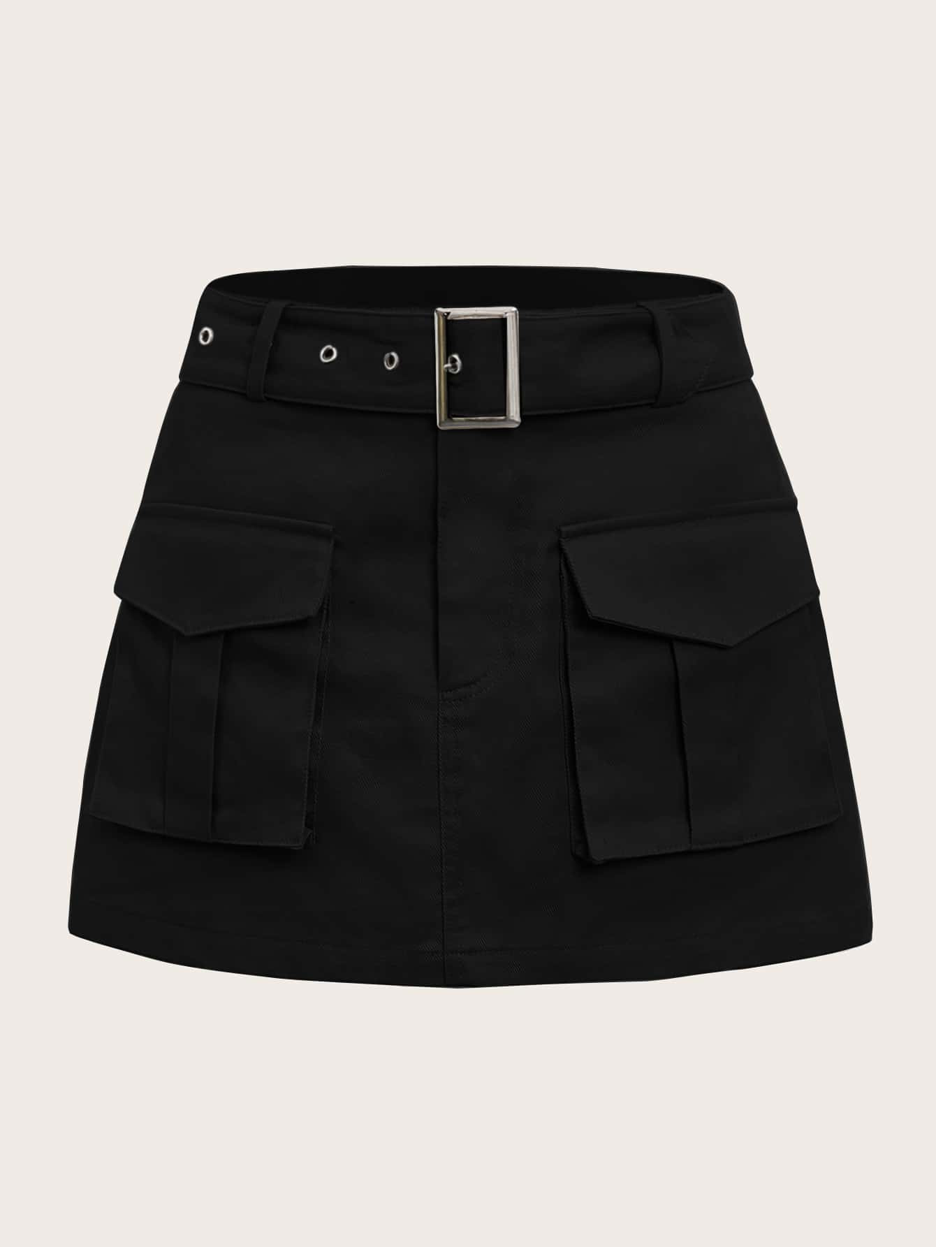 SHEIN EZwear Grunge Black  Flap Pocket Buckle Belted Cargo Skirt | SHEIN