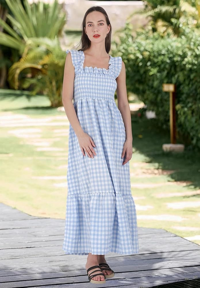 chouyatou Women's Retro Plaid Smocked Dress Spaghetti Strap Flounce Long Dress | Amazon (US)