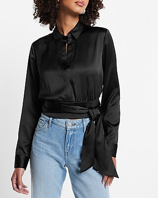 Satin Tie Front Banded Bottom Portofino Shirt | Express