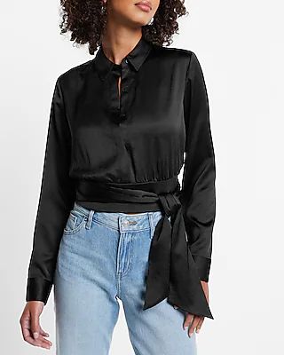 Satin Tie Front Banded Bottom Portofino Shirt | Express