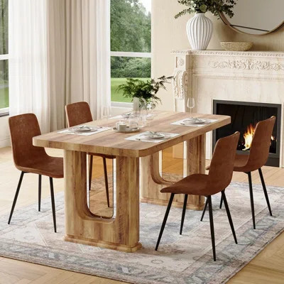 Elegant Dining Table Set With Faux-Leather Upholstered Chairs – 64.5? Rectangle Dining Table And Chairs For Family Meals | Wayfair North America