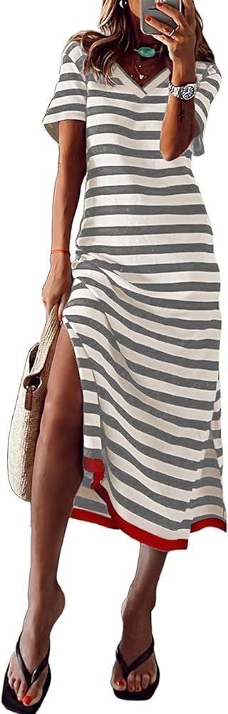 MARZXIN Women 2024 Casual Maxi Dress Short Sleeve V Neck Stripe Sundress Split Loose Long Summer ... | Amazon (US)