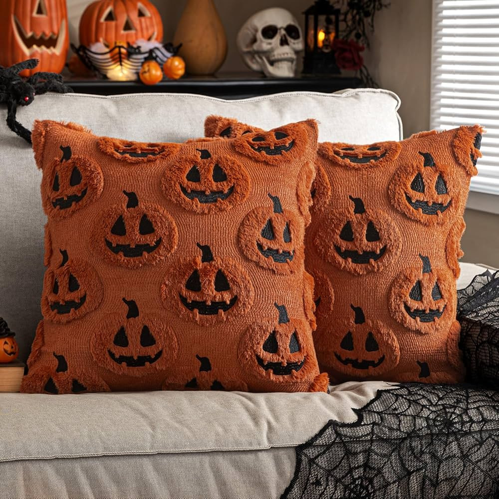 EMEMA Fall Pumpkin Ghost Decorative Throw Pillow Covers 20x20 Inch Set of 2 Soft Plush Faux Wool ... | Amazon (US)