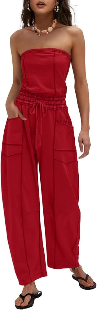 LAMISSCHE Womens Casual Strapless Jumpsuits off the Shoulder Summer Rompers Sleeveless One Piece ... | Amazon (US)