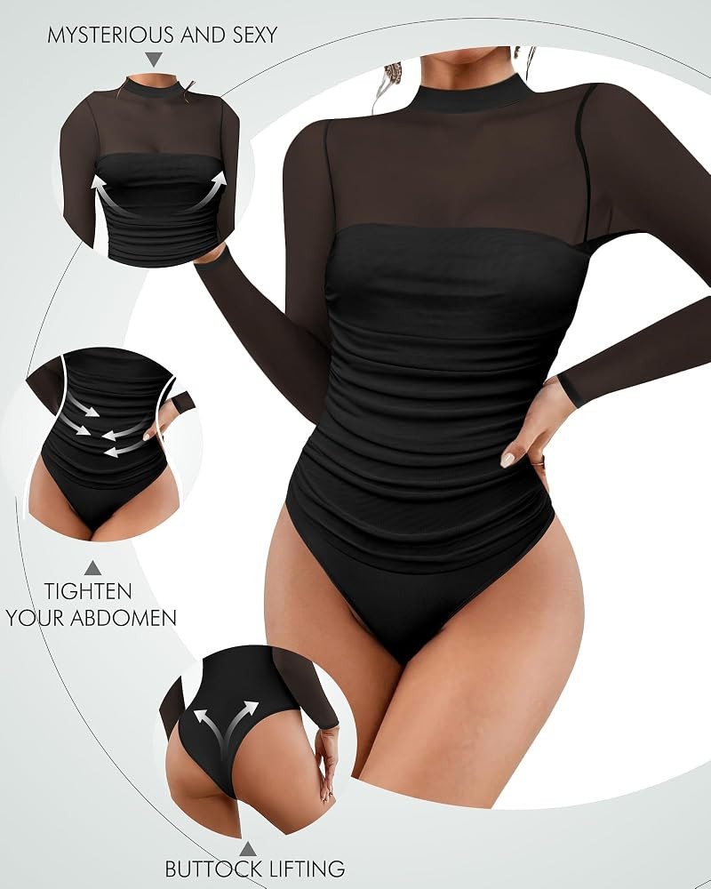 Women's Sexy Bodysuit for Outfits: Mock Turtle Neck Long Sleeve Body Suit - Mesh Sheer Ruched Goi... | Amazon (US)