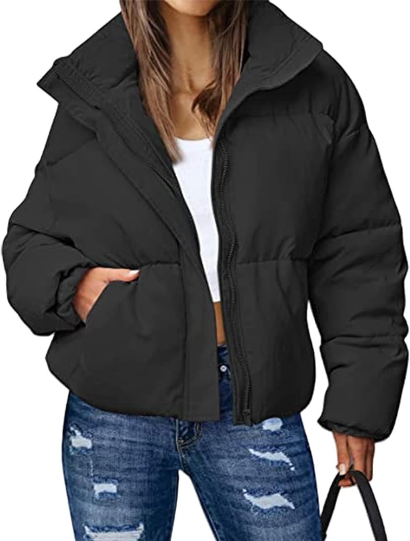 Yimoon Women's Winter Cropped Puffer Jacket Zip Up Stand Collar Padded Coat Long Sleeve Quilted O... | Amazon (US)