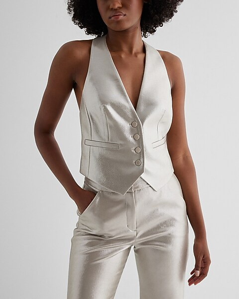 Metallic Button Front Halter Vest | Express