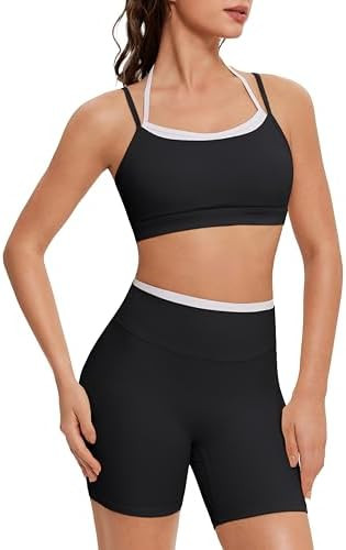 OMKAGI Workout Sets for Women Cute Doubel Layer Open Back Sports Bras Gym Shorts Outfits | Amazon (US)