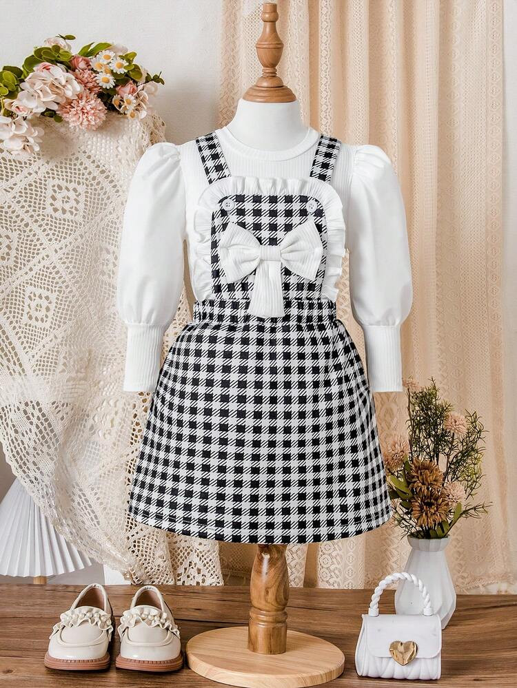 Girls Classic Black & White Houndstooth Pinafore Dress Set, Featuring Puff Sleeve Blouse + Houndstooth Pinafore Dress With Cute Bow, Suitable For School, Performances, Gatherings With Friends, Fashionable Retro Academic Style, Autumn/Winter | SHEIN