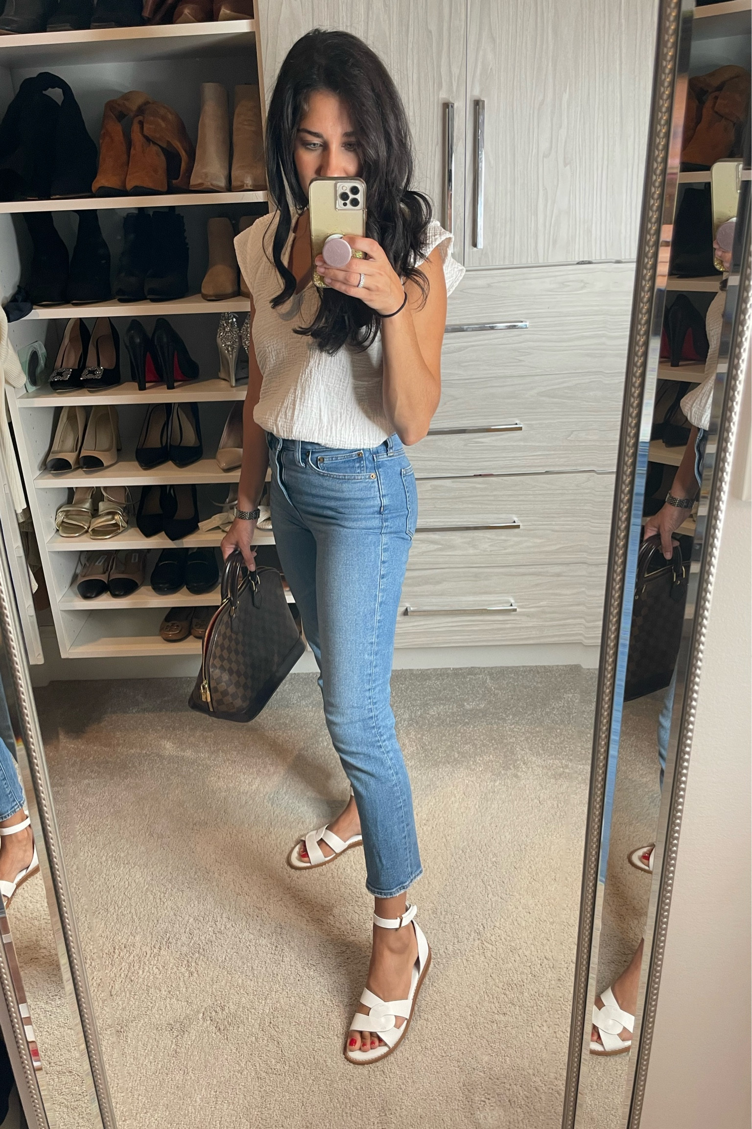 Casual work outfit with white strappy sandals 

#LTKunder50 #LTKshoecrush #LTKunder100