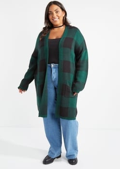 Plus Medium Green Buffalo Plaid Open Front Cardigan | rue21