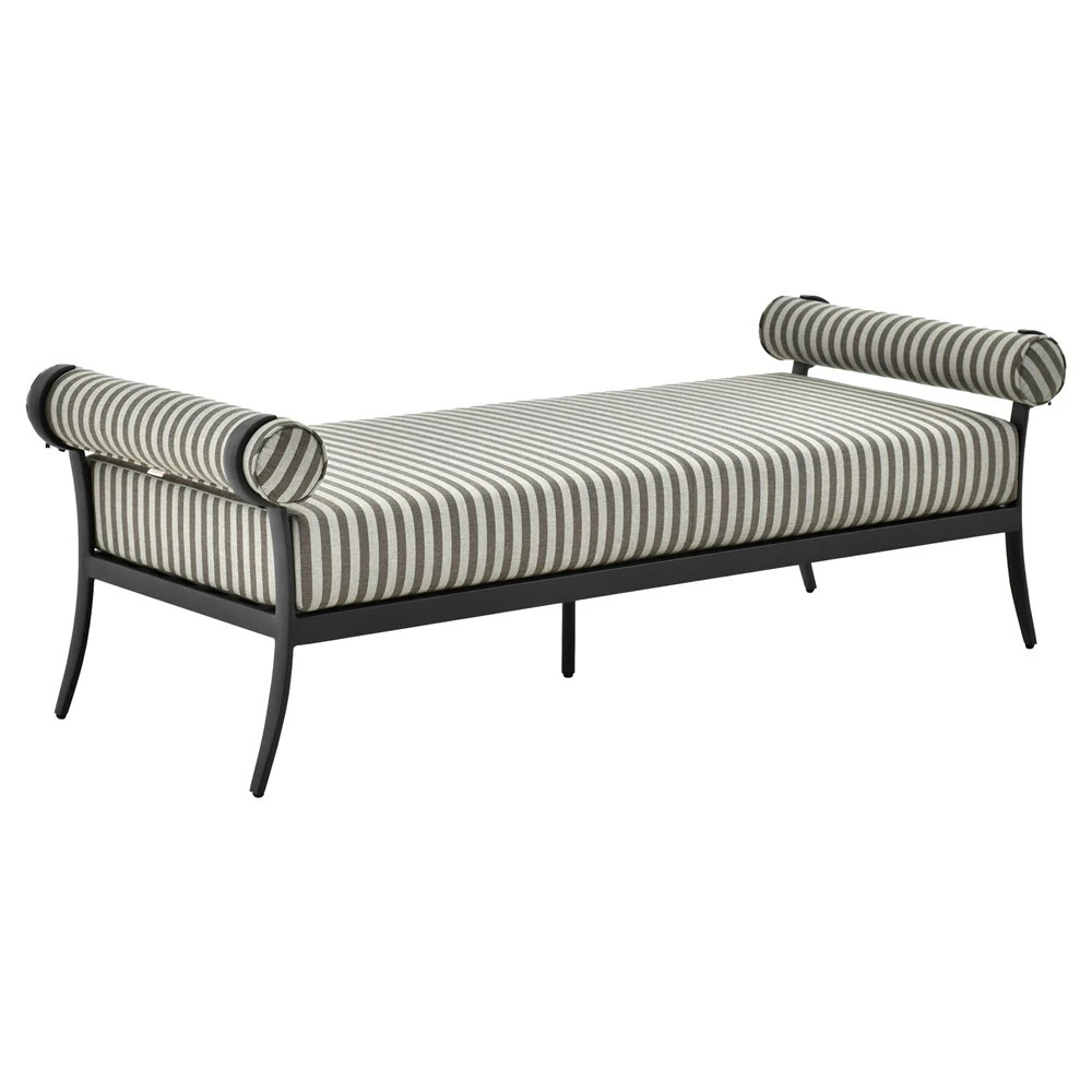 Madelle Modern Classic Grey Striped Sunbrella Black Aluminum Outdoor Dining Bench | Kathy Kuo Home