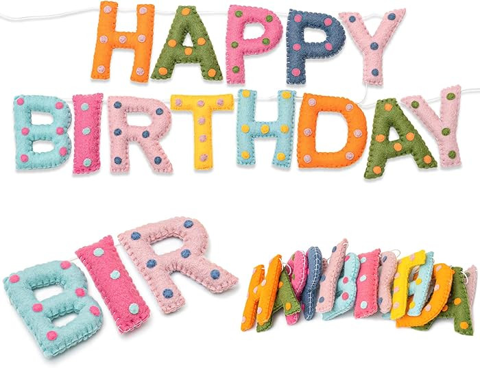 Pre-Strung Handmade Wool Felt Colorful Happy Birthday Banner, Unique 3D Confetti Dots Happy Birth... | Amazon (US)